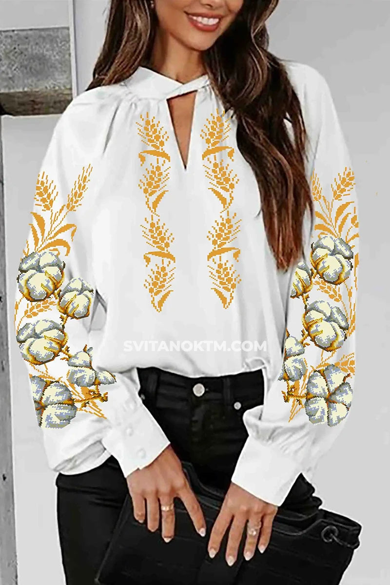 жіноча заготовка для вишивки пшениця та бавовна українська схема з колосками і білими квітами
