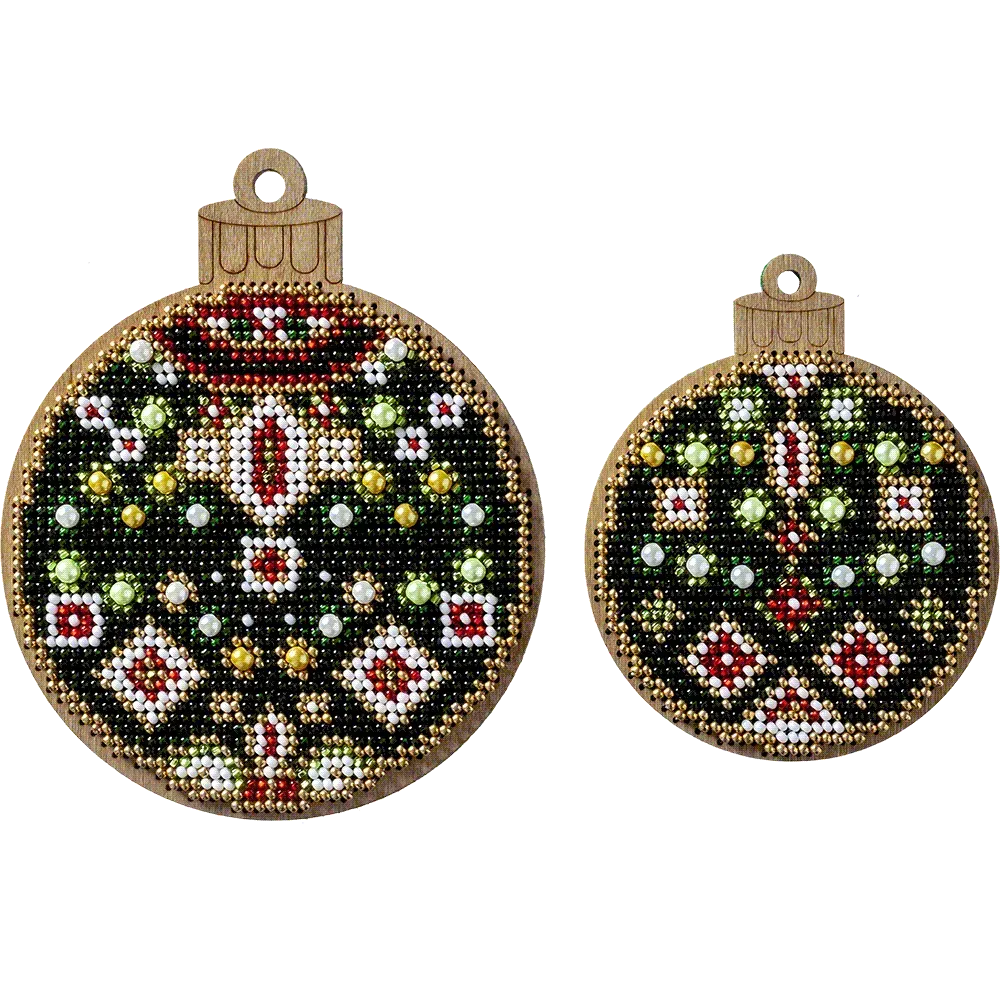 Заготовка для вишивки бісером на дерев’яній основі «Ялинкова прикраса – Різдвяні візерунки» (2 шт)