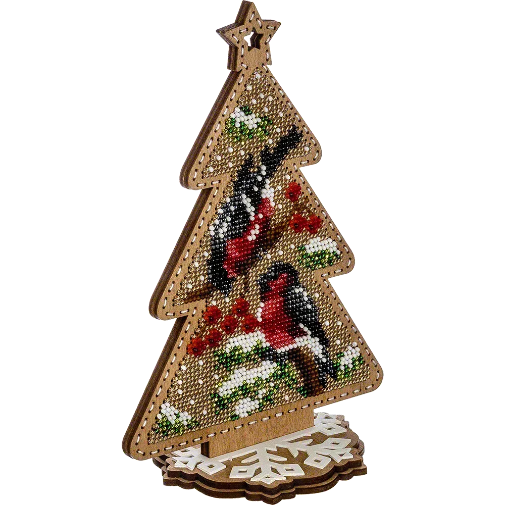 Заготовка для вишивки бісером на дерев’яній основі «Ялинка зі снігурами»