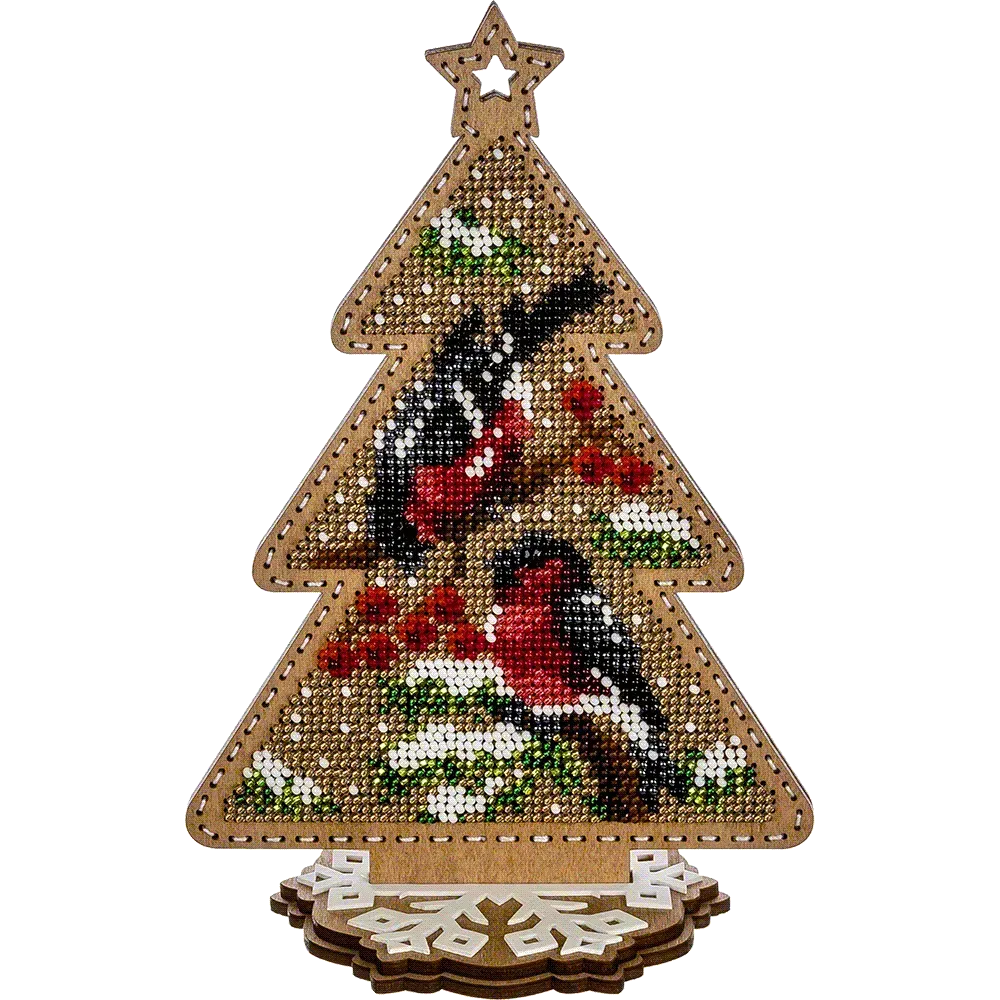 Заготовка для вишивки бісером на дерев’яній основі «Ялинка зі снігурами»