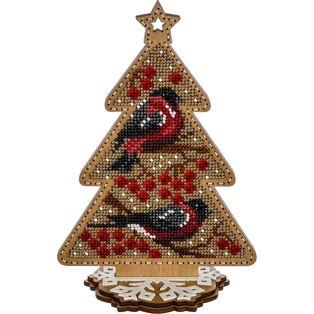 Заготовка для вишивки бісером на дерев’яній основі «Ялинка зі снігурами»